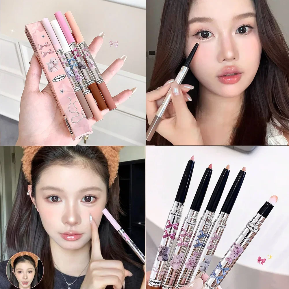 2in1 Silkworm Highlight Pen Matte Pearl Natural Lying Silkworm Brightening Shadow Pencil with Smudge Brush Lasting Eyes Makeup