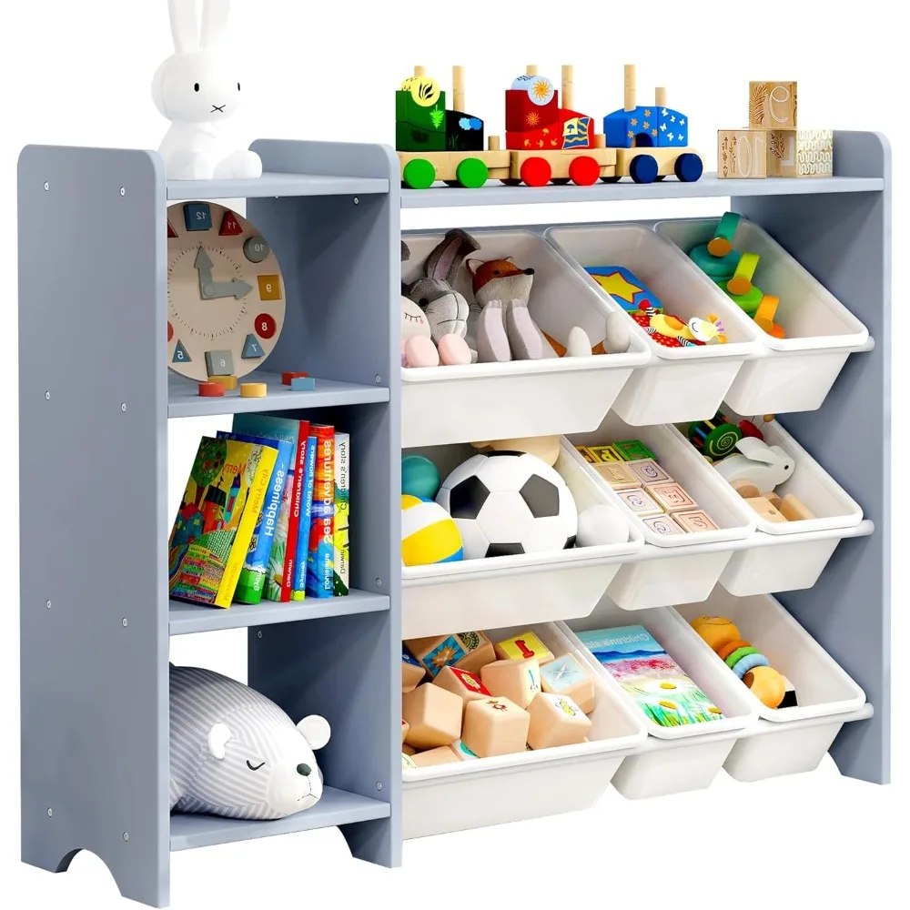 4-Tier Kids' Toy Storage Organizer Shelf - 100% Solid Wood,Children's Storage Cabinet with 9 Plastic Bins and 3 Storage