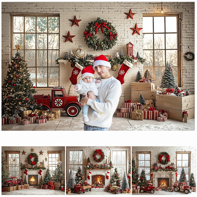 

LS Photography Background Christmas Vintage Room Fireplace Xmas Tree Gift Kids Family Portrait Decor Backdrop Photo Studio