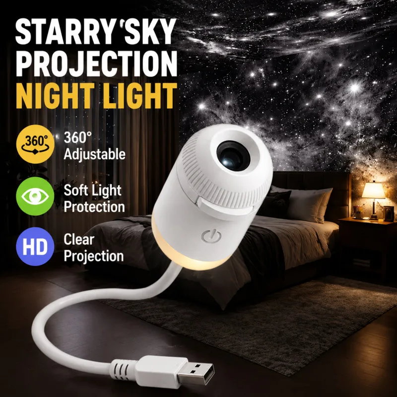 2-in-1 Mini Galaxy Star Projector Night Light, USB 360° Rotating LED Starry Sky Ambient Lamp with 12 Films for Home Car Decor