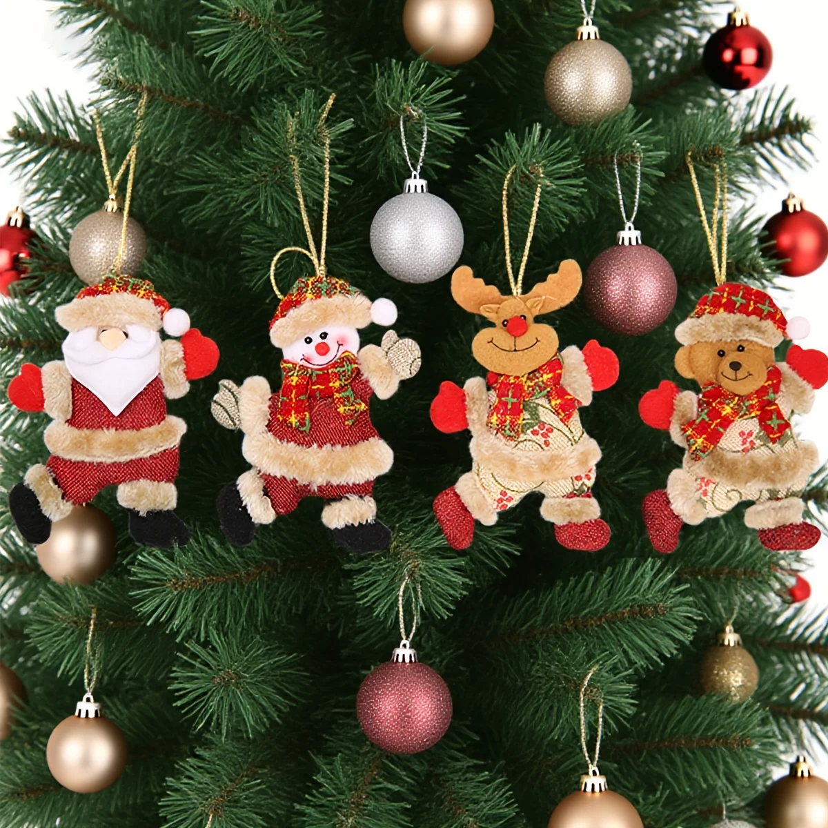 4/8pcs Festive Christmas Tree Ornaments -Santa,Snowman,Reindeer & Bear Figures with Red & White Scarves,Golden Balls & Red Bows