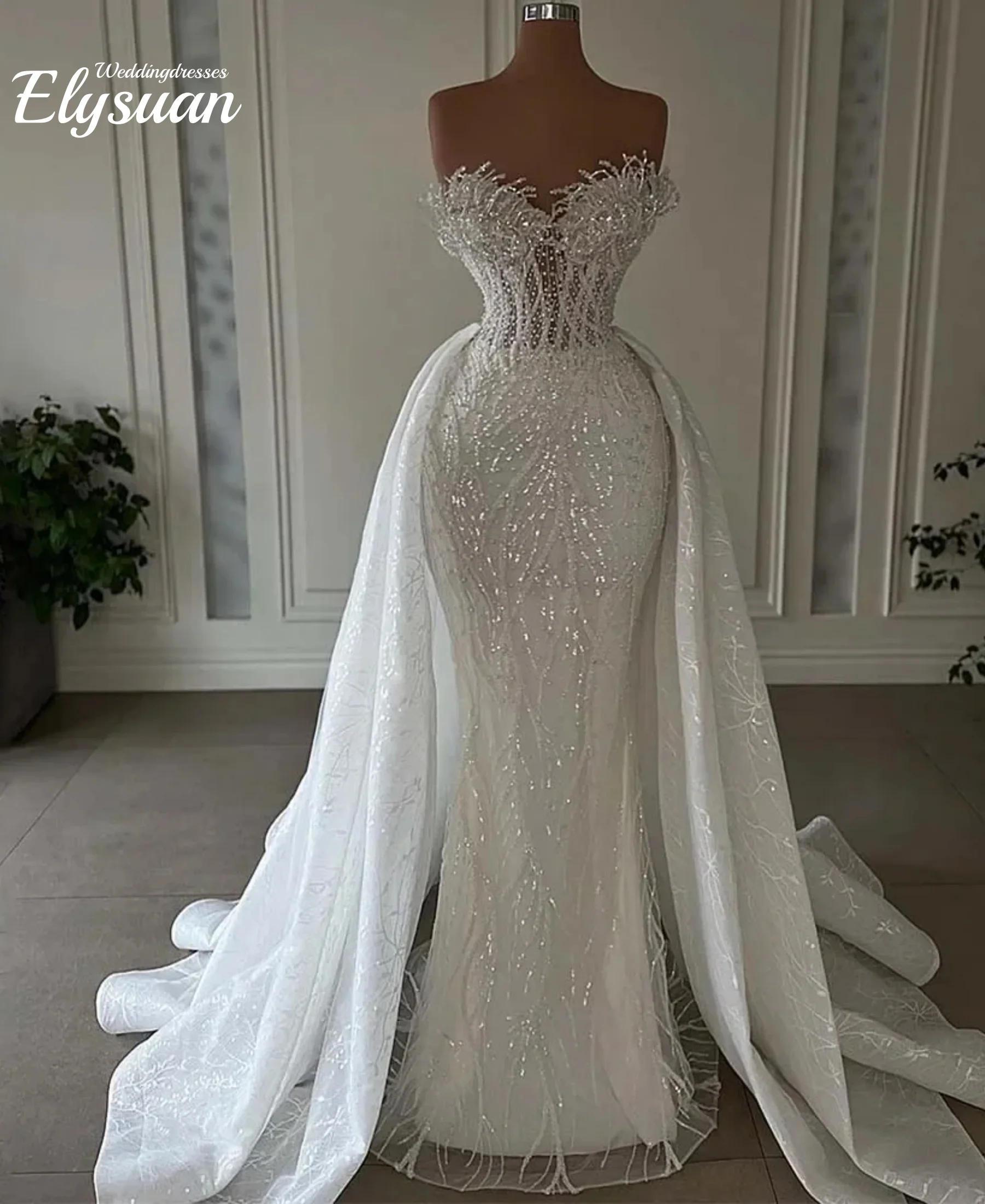 Customized Luxurious Mermaid Wedding Dresses  Bride Strapless Heavy Beaded Lace 2 In 1 Detachable Overskirts Bridal Gown  Vestid