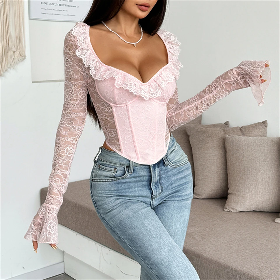 Becirzet Sexy Dessous Damen Spitzenkorsett Transparentes Schlankes Langarm-Mesh-Top Push-Up Bauchkontrolle Knochen-Bustier – Detail 15
