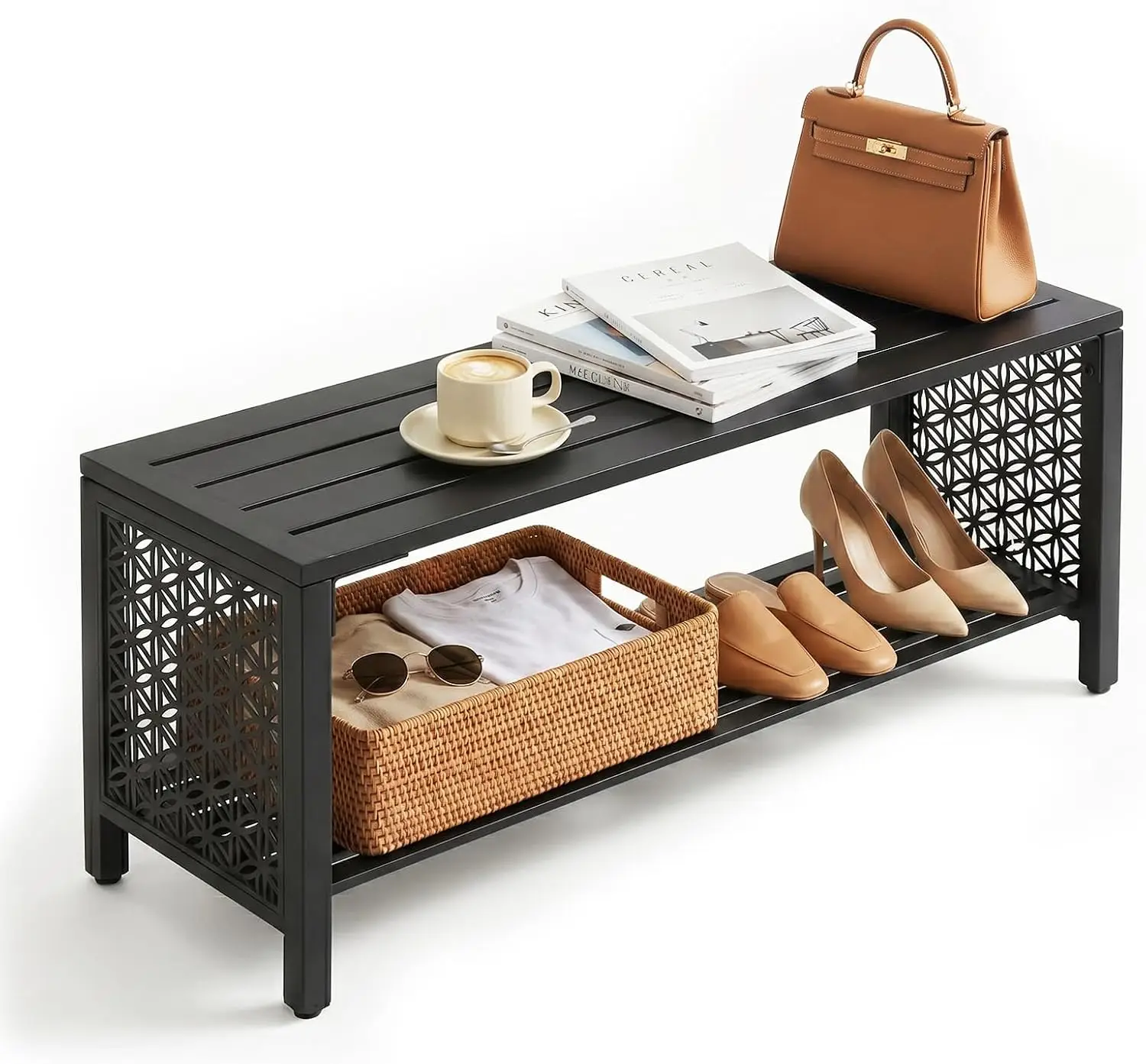 40-Inch Outdoor Bench with Storage Shelf, 2-Tier Double-Layer Metal Shoe Rack Bench, Floral Side Panel, All-Weather Small Porch Seat, 2-Person Entryway Bench for Patio Mudroom, Black