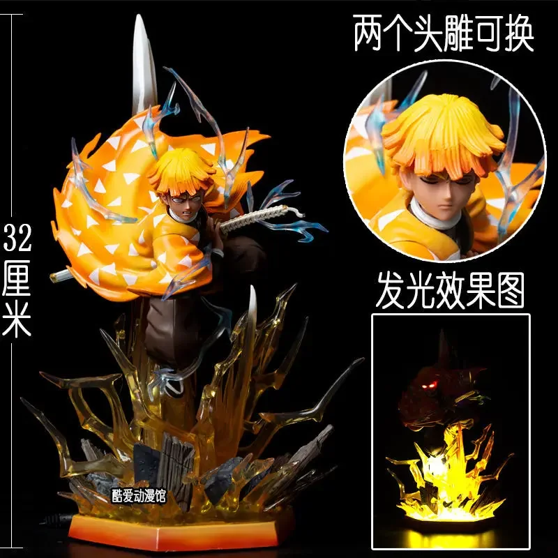 35cm Demon Slayer Agatsuma Zenitsu Anime Figure 2 Heads with LED Light Kimetsu No Yaiba Figurine Gk PVC Model Statue Toys Gifts