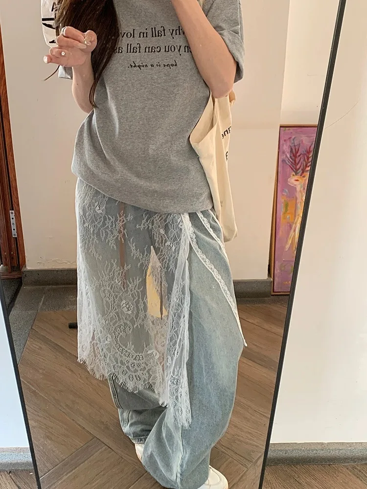 Versatile  Item! Hot American Straight Tube Pleated Skirt See-through Outerwear Mid-length Layered Lace Skirt Half-length...