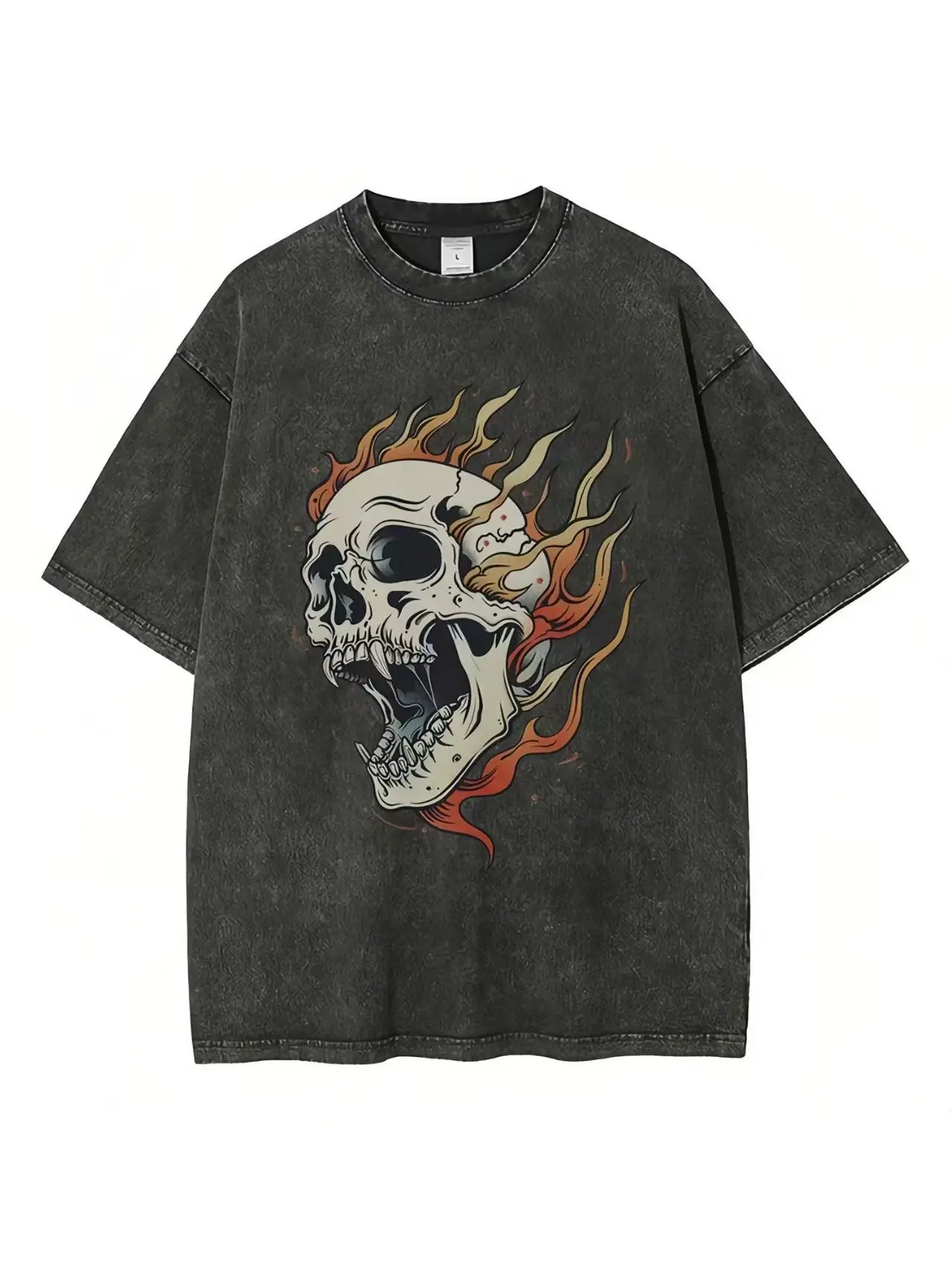 Flame Skull Printed Dark Street Style Washed Black Hip Hop Gothic Tshirts Women and Men Short Sleeve Cotton Y2k Punk Style Tees
