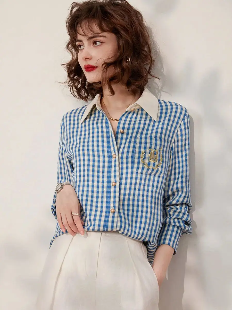 LOUIS YAO Women Plaid Shirt Turn Down Collar Long Sleeve 2024 Spring Summer Embroidery Blouse Loose Women\'s Top