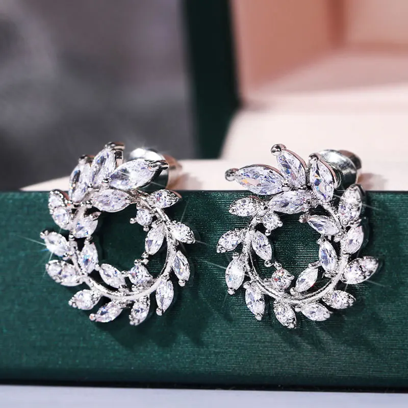 Live Internet celebrity explosion stud earrings, luxury full diamond micro-leaf olive branch earrings, factory wholesale