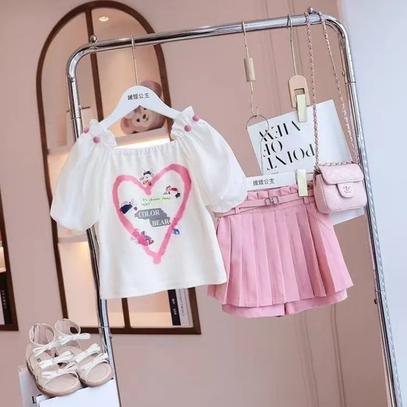 

2025 New Baby Girls Summer Teenage Fashion Sets Cartoon T-shirt + Skirts Princess Elegant Suits 5 6 7 8 9 10 11 12T