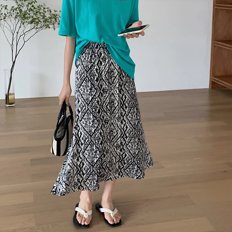 

Korean Fashion Bohemia Print Long Skirt Women Ice Silk Drape Midi Vintage Fishtail Trumpet Skirt Elegant Office Lady Jupe