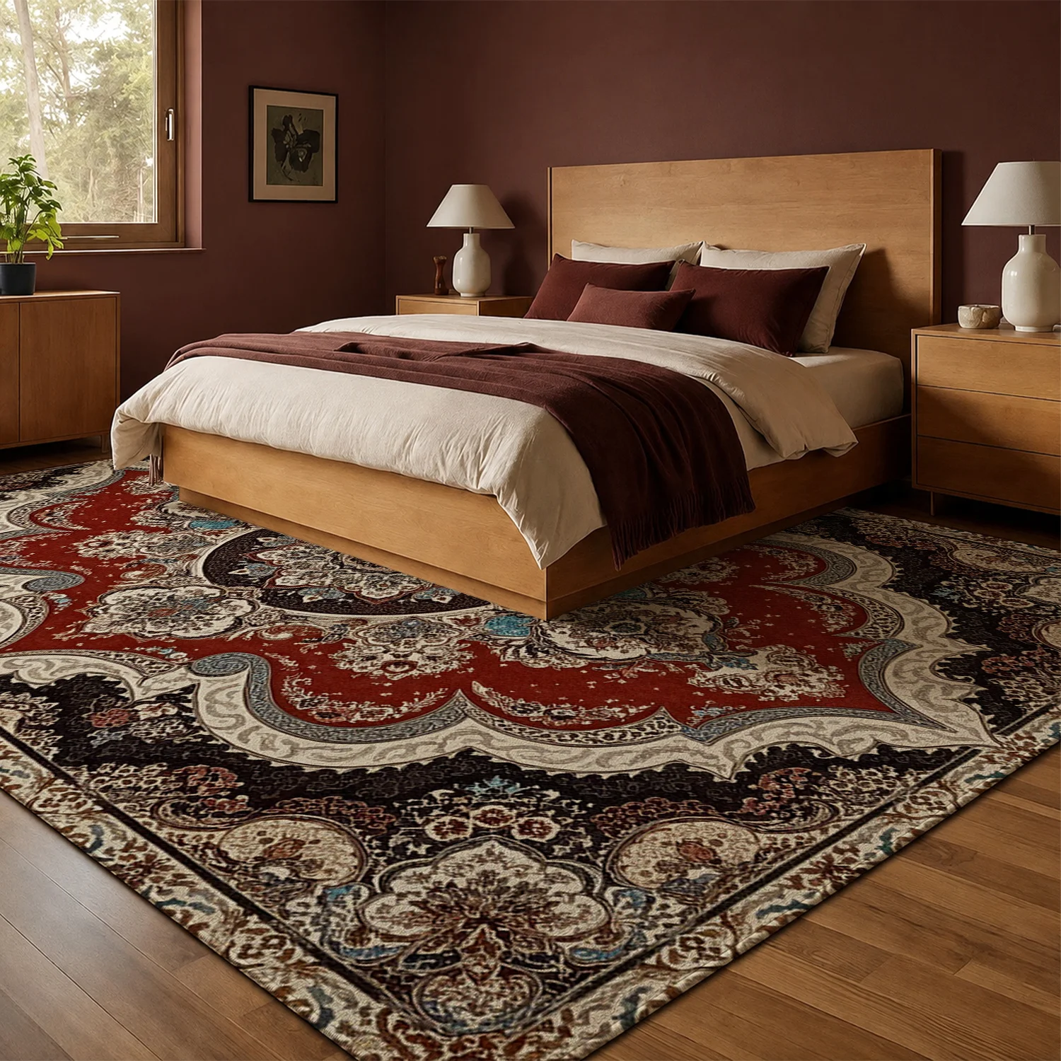 Large Indoor Area Rug, Soft Velvet Low Pile with Non-slip Dotted Backing, Machine Washable Persian Medallion Pattern Rug for Living Room Bedroom, Vintage Red Black Traditional Floor Covering