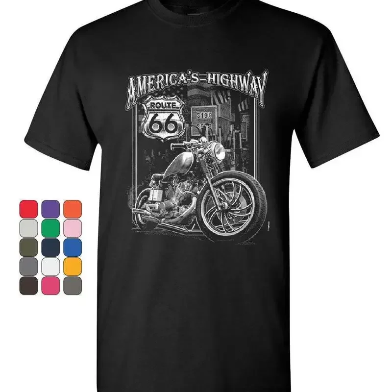 America's Highway TShirt Route 66 MC Motorcycle Chopper Bobber Mens Tee Shirt