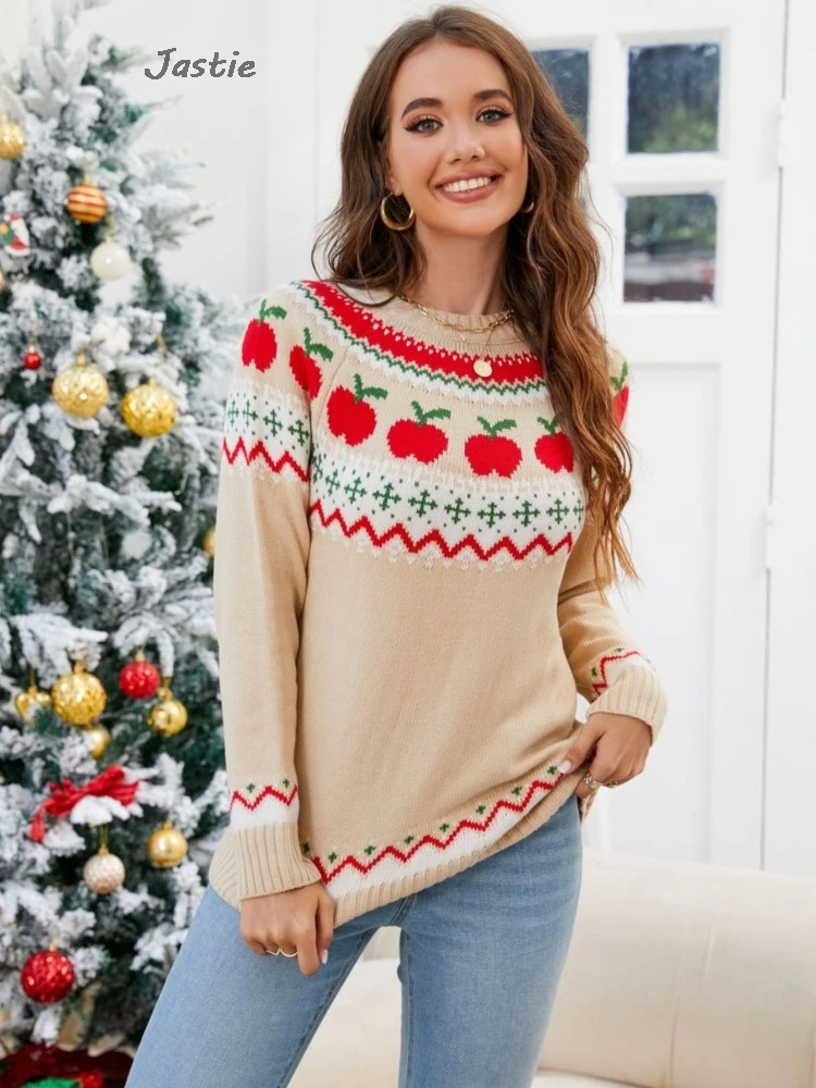 Apple And Geometric Pattern Jacquard Christmas Sweater Fashion Casual Round Neck Knitting Tops Female 2025 New