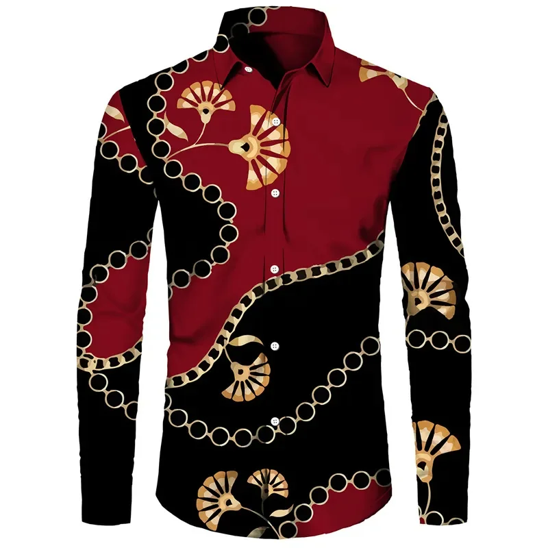 Luxury Golden Flower Pattern Hawaiian Shirts For Men Baroque 3D Printed Blouse Loose Aloha Shirts Long Sleeve Lapel Button Tops