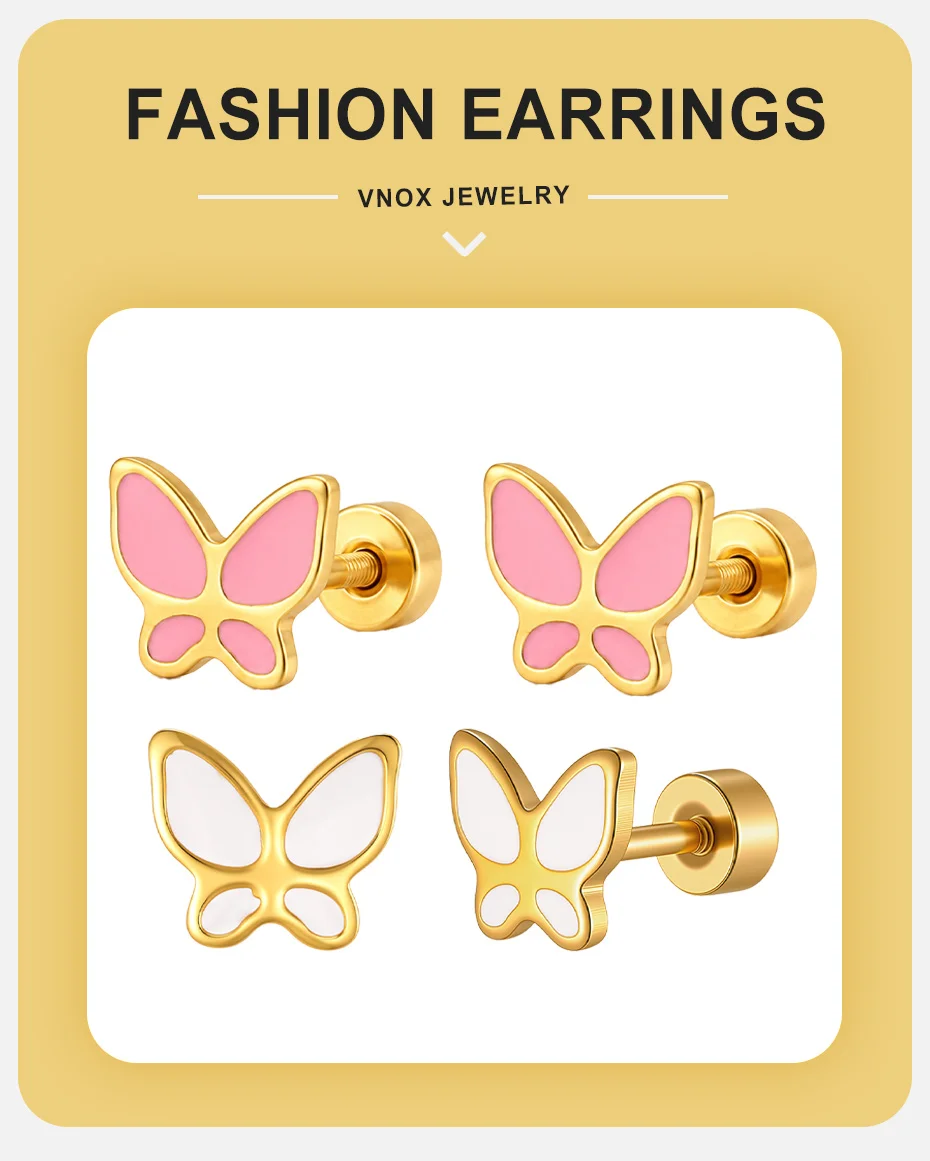 Vnox Süße Rosa Emaille-Schmetterling Ohrstecker mit Schraubverschluss für Frauen, Goldfarben, Edelstahl, Niedliche Tier-Ohrringe, Antiallergisch – Detail 1
