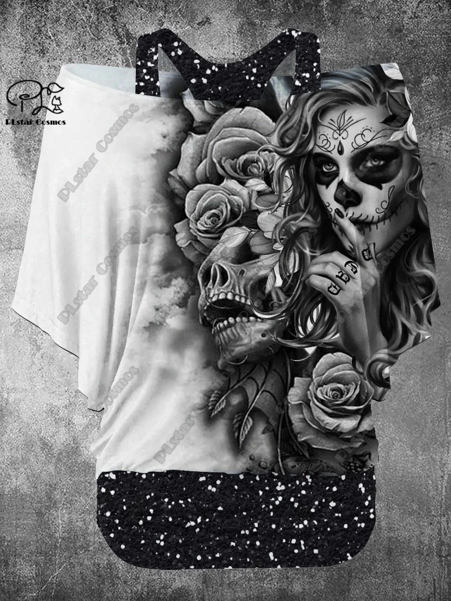 PLstar Cosmos Women's Retro Skull 3D Print Casual Two-Piece T-Shirt Harajuku Streetwear Collection - 7