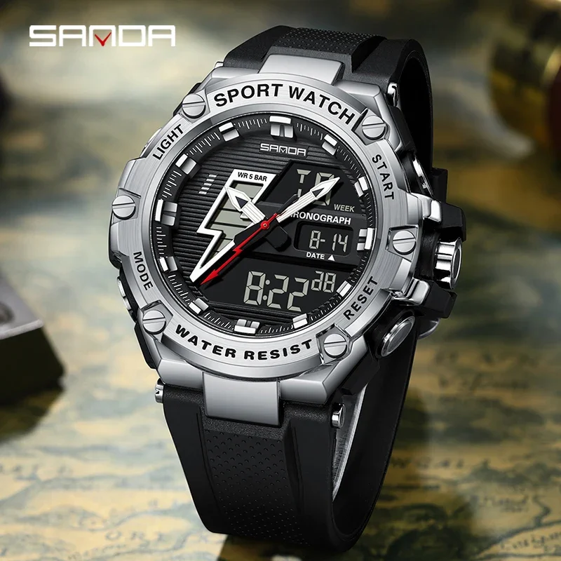 Fashion Sanda Men Full Stainless Steel Strap Double Display Led Digital Watch Alarm Mode Waterproof Outdoor Sports Chronograph