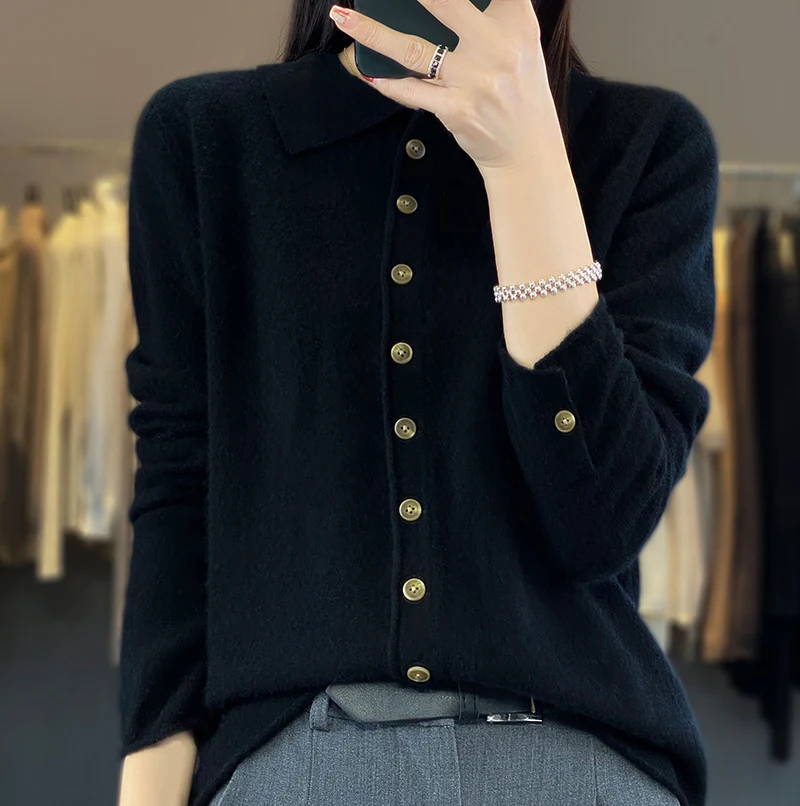 2023 Autumn And Winter New Woolen Sweater Women's Polo Neck Long Sleeve Solid 100% Pure Wool Loose Curled Style Knitted Cardigan