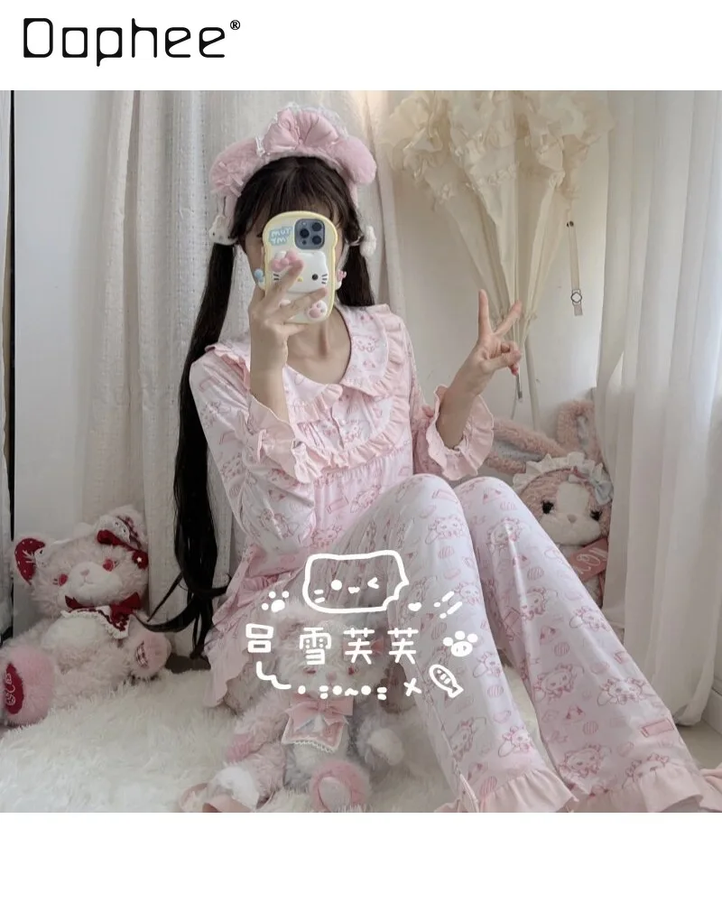 Original Sweet Cute Girl Doll Collar Cartoon Print Lolita Style Pajama Set Long Sleeve Trousers Two-piece Set Women's Loungewear