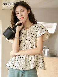 MISHOW Polka Dot Blouses for Women 2023 Summer French Flying Sleeve O Neck Elastic Folds Loose Retro Female Doll Top MXC39X1291