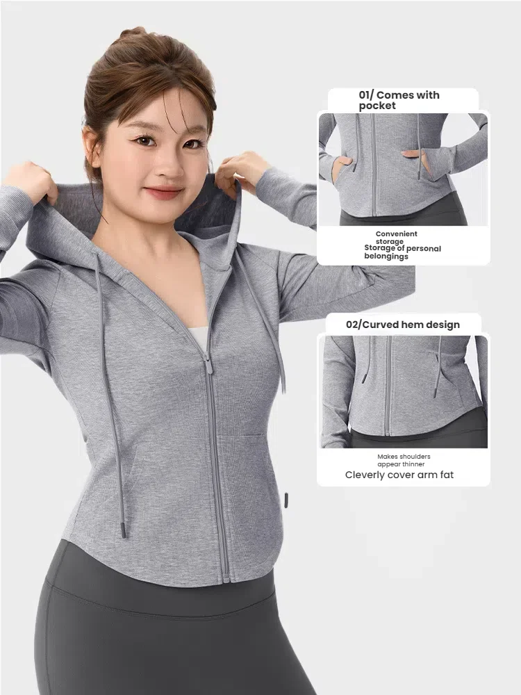 Plus Size Women's Workout Jackets Long Sleeve Yoga Coat with Drawstring Loose Fitness Tops for Women Outdoor Sports Wear Hoodie