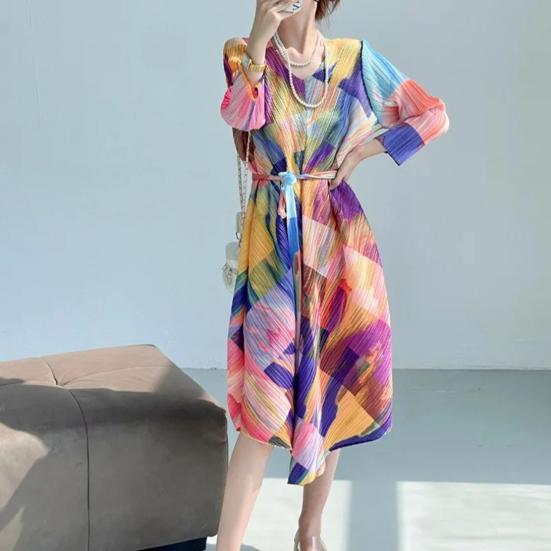 Miyake 2025 Herbst Neue Gedruckt Plissee frauen Kleider Krawatte Taille Temperament Französisch Elegante Lange Kleid Europa Falten-Freies kleidung