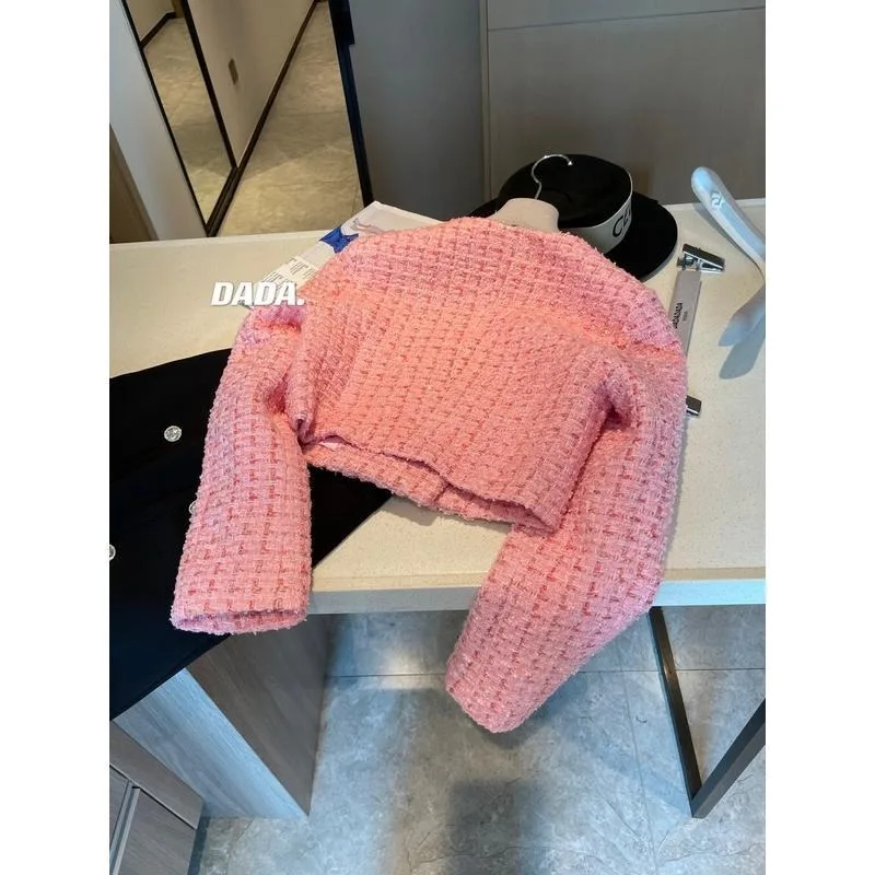 Pearl Buckle Shiny Silk Double Breasted Temperament Small Fragrant Style Pink Tweed Jackets Clothes Square Coat Cropped Top