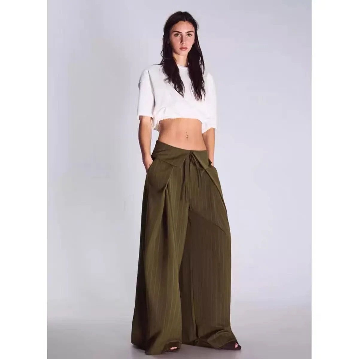 Casual Striped Loose Women's Pants with Belt Natural Waist Wide Leg Pants Commute Style Versatile Polyester Fiber Ladies