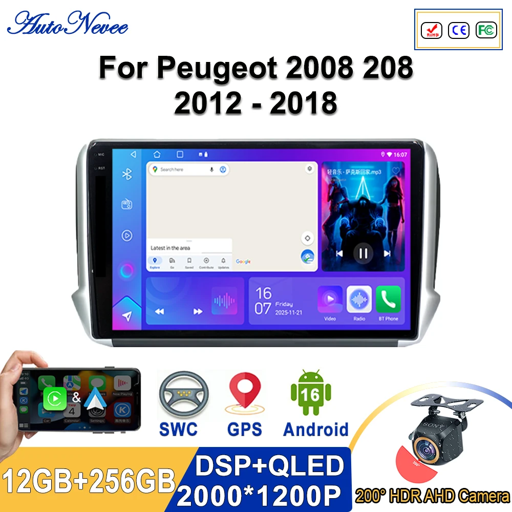 

Android 16 2K Incell Screen Multimedia Stereo For Peugeot 2008 208 2012 - 2018 Plug and Play High-performance CPU HDR Dash Cam
