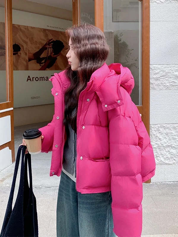 

Pink Hooded down Jacket Women's Short Thick Winter Fashionable Warm Coat Not Puffy Outerwear Casual Loose Fit White Duck down
