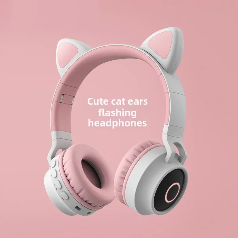 LED Cat Ear Bluetooth 5.0 Noise Cancelling Earphones for Girls, Music Earphones, Supports TF Card, FM Radio