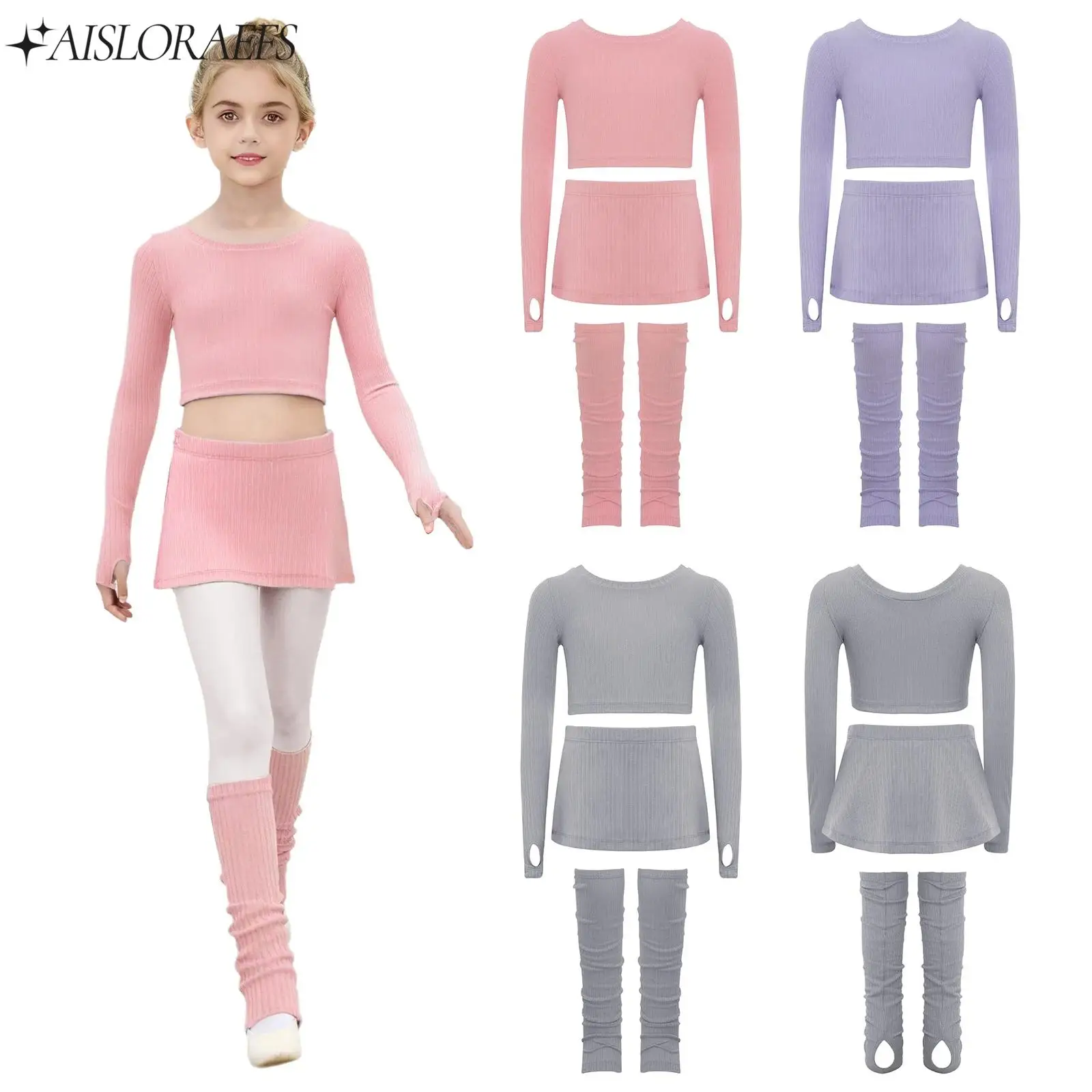 

Kids Toddler Girls Ballet Dance Competition Outfit Ribbed Long Sleeves Crop Top+Skirt+Leg Warmers Set for Warm-Up Training Wear