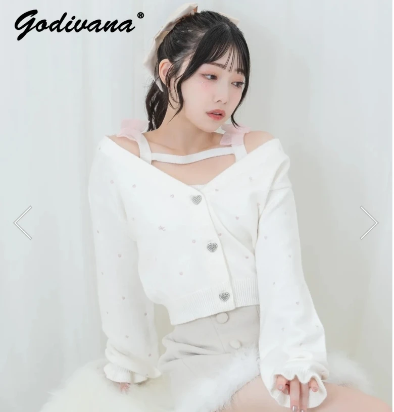 

Japanese Autumn Sweet Girls Love Embroidery Rhinestone Buckle Short Knitted Cardigan with Bow Sling 2-piece Set Knitwear Sweater