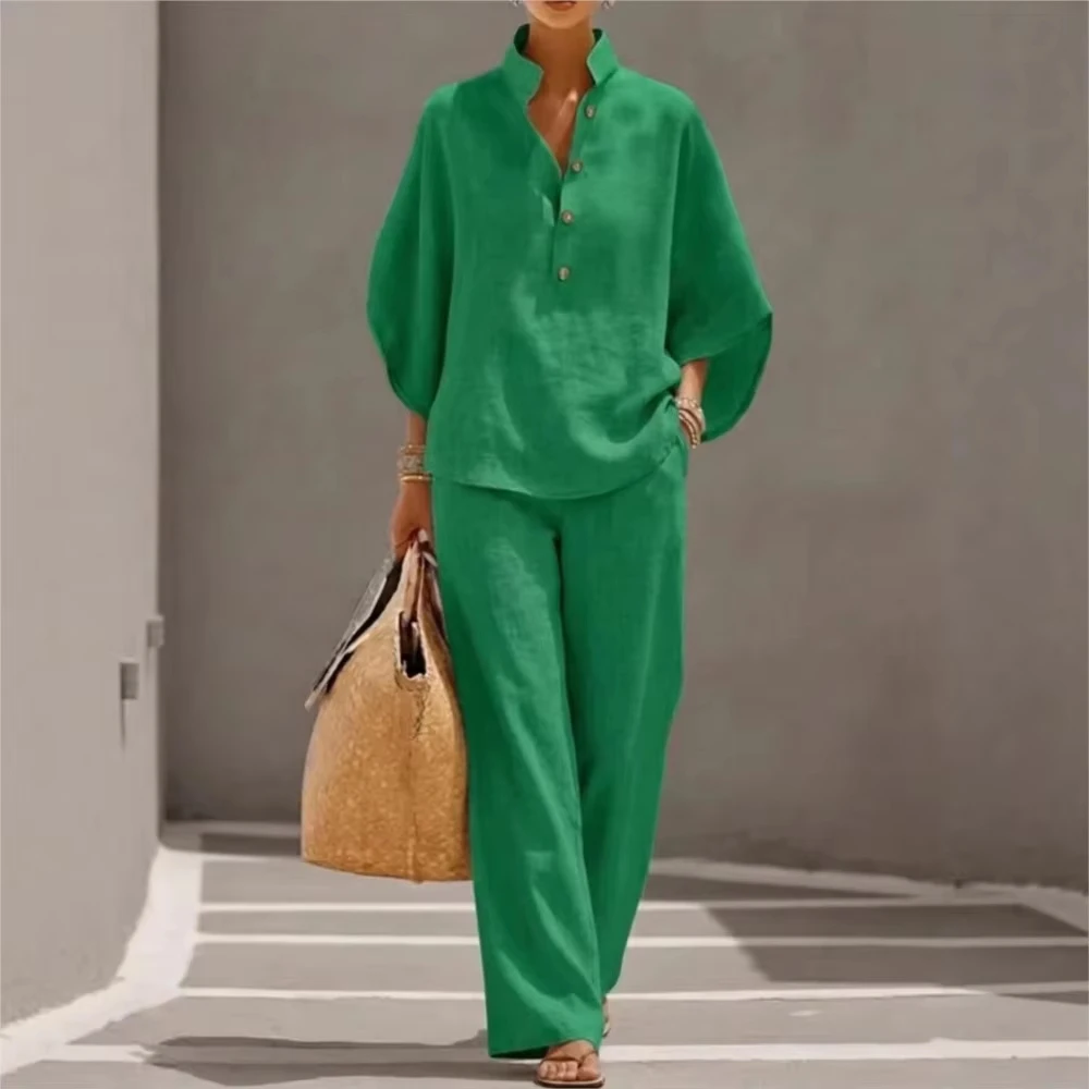 

Women's Fashion 2-Piece Suit Cotton Linen Button Stand Collar Quarter Sleeves Loose Top Wide Leg Pants Casual Wear