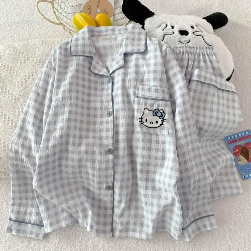 

Sanrio Hello Kitty женский хлопковый пижамный комплект Kawaii мультфильм студенческая ночная рубашка брюки с длинными рукавами осенняя одежда для сна домашняя одежда новинка