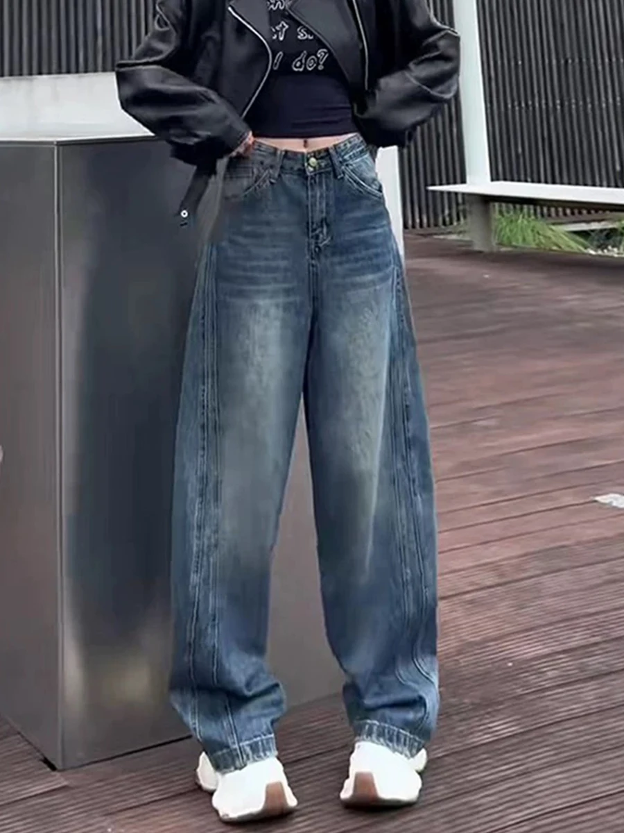 

Джинсы с высокой талией и широкими штанинами для женщин больших размеров, в стиле ретро, американские, прямого кроя, для фигуры типа «груша»