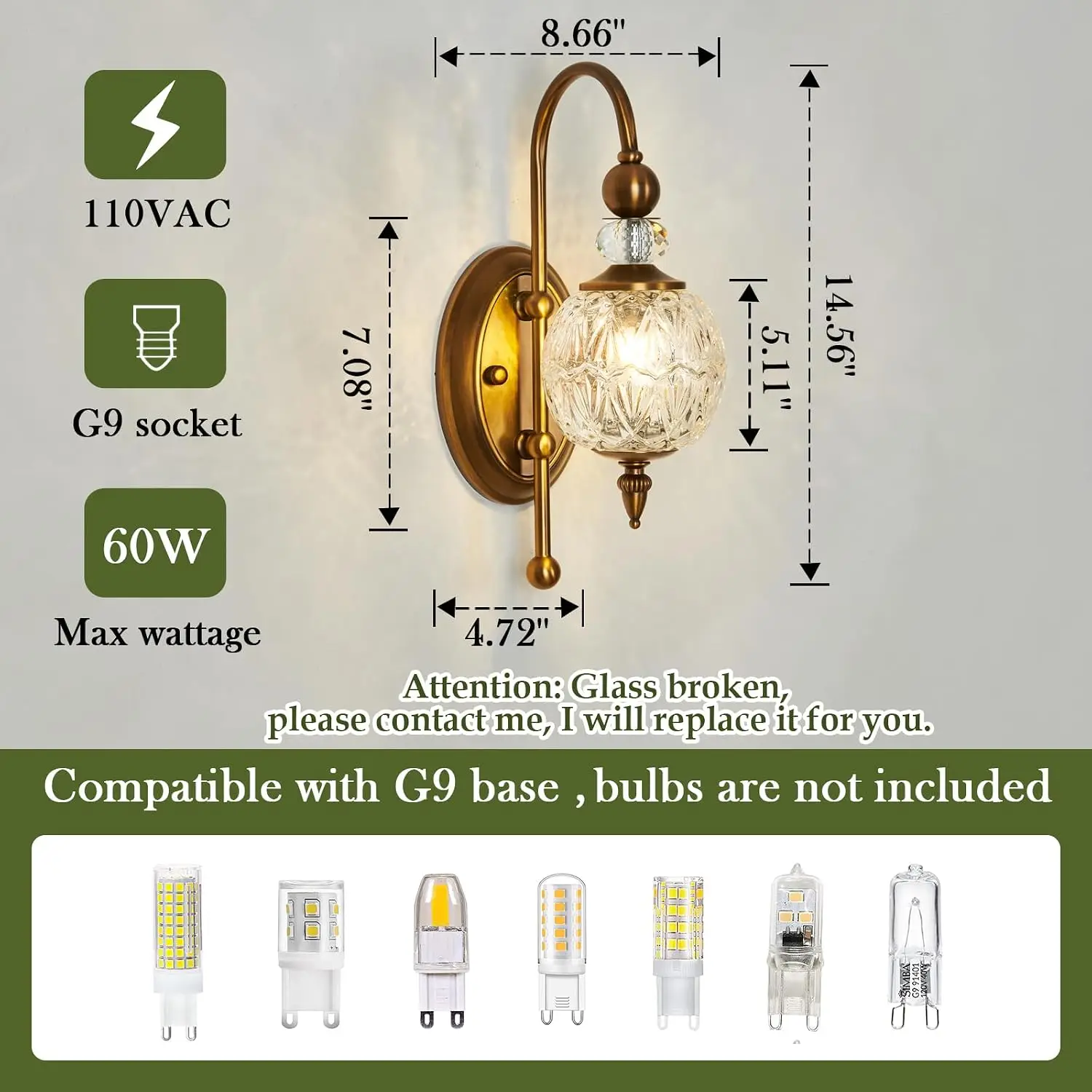 Vintage Gold Wall Sconce Set of Two Mid Century Brushed Brass with Glass Globe Shade Vanity Light Indoor G9 Bulb Wall Light for