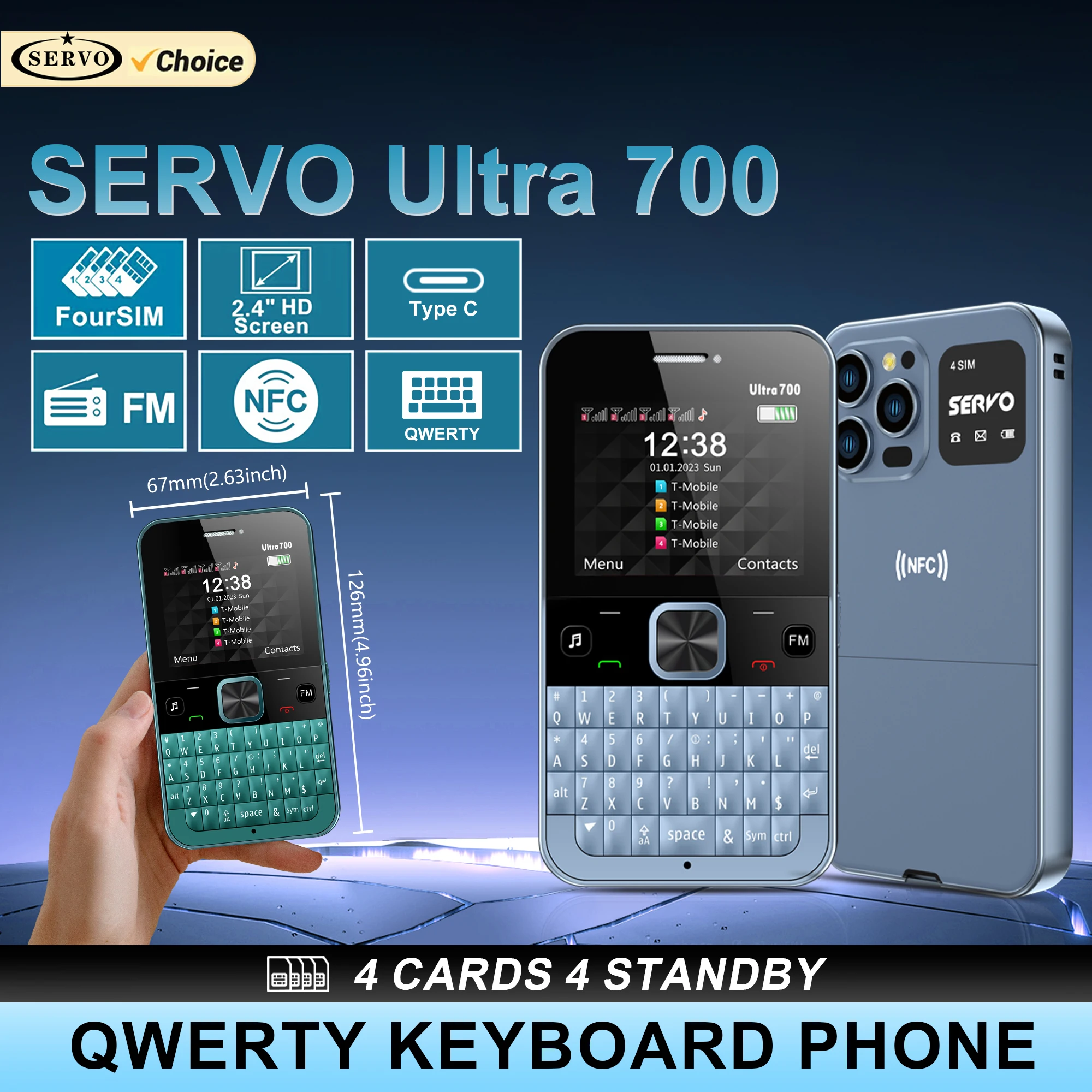 SERVO Ultra700 4 SIM Cards Mobile Phone QWERTY Keyboard Call Recording Speed Dial Blacklist Touch FM Radio 2G Feature Cellphones