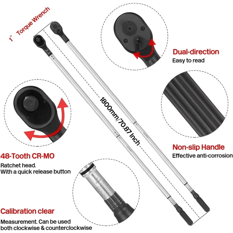 1-Inch Drive Click Torque Wrench, Dual-Scale Adjustable Torque Wrench Set with a Hex Key 200-1000ft.lb / 271-1356.7Nm