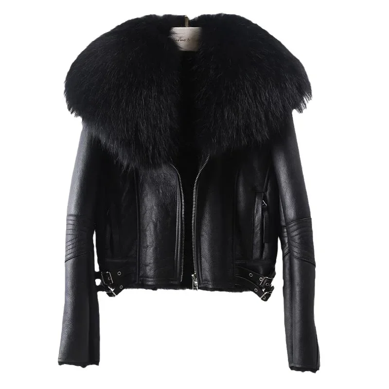 Women Real Lamb Fur Leather Jacket With Fox Fur Collar Short Coat