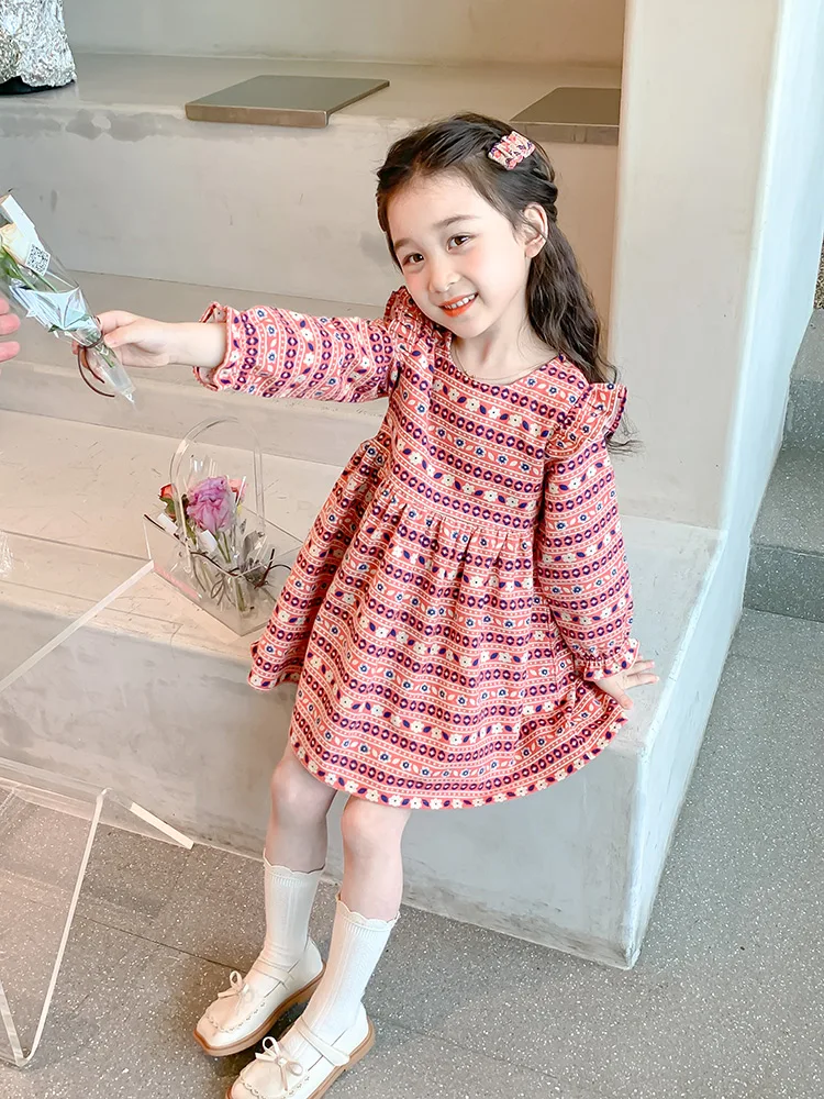 Princ Sle Long Sve 花柄プリント コットン Dr 女の子用 秋シーズン 子供服 スイート Sle ミディスカート