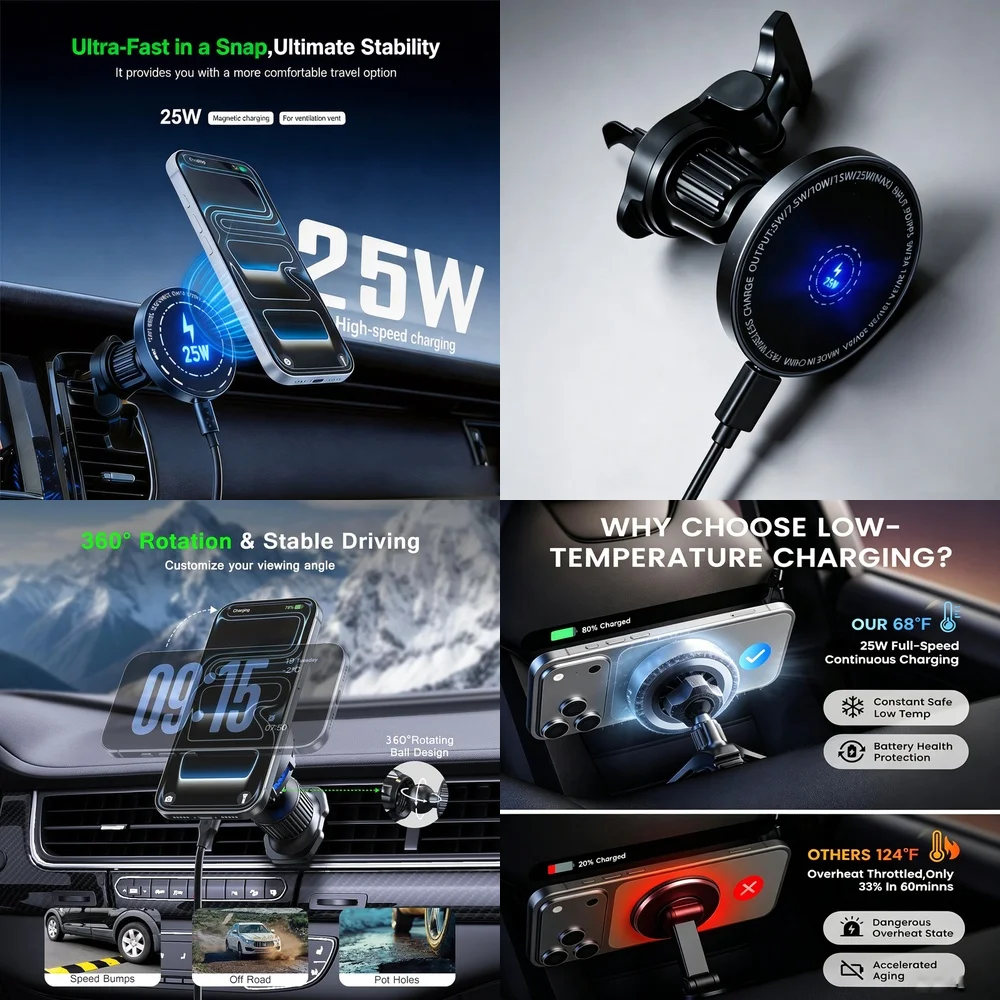 Wireless Car Phone Holder Charger 25W Magnetic Vent Ball 360 Rotation Fast Charge for iPhone 17 Samsung Galaxy S26 Ultra Android