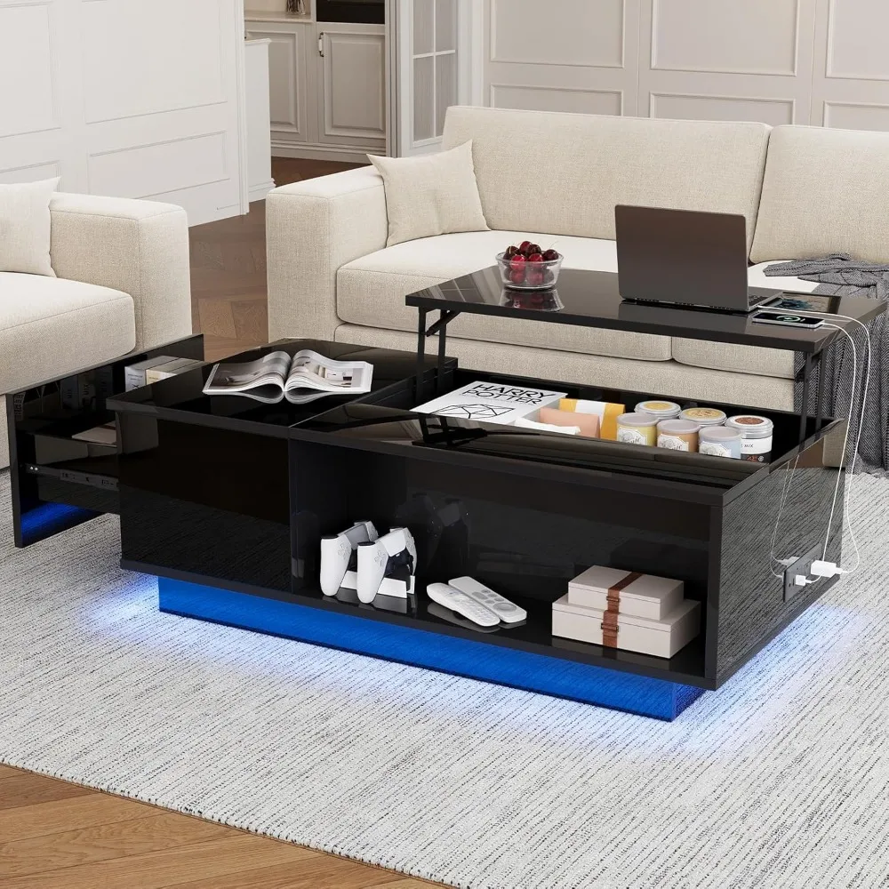 Modern LED Lift Top Coffee Table - All Black High Gloss Storage with Hidden Drawers