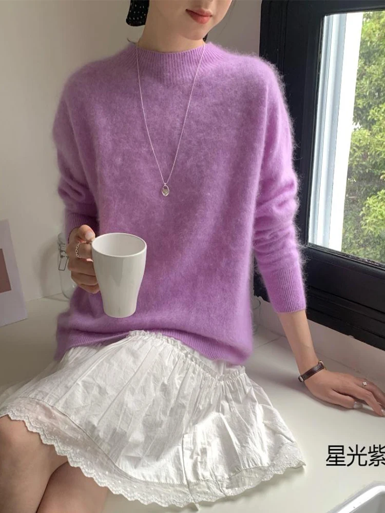 

Женский модный свитер с воротником-стойкой, пушистый шерстяной пуловер, повседневный вязаный осенне-зимний шикарный уличный джемпер с длинными рукавами