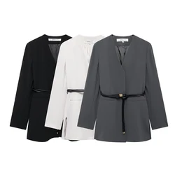 Willshela Women Fashion With Belt Solid Single Breasted Blazer Vintage V-Neck Long Sleeves Female Chic Lady Outfits
