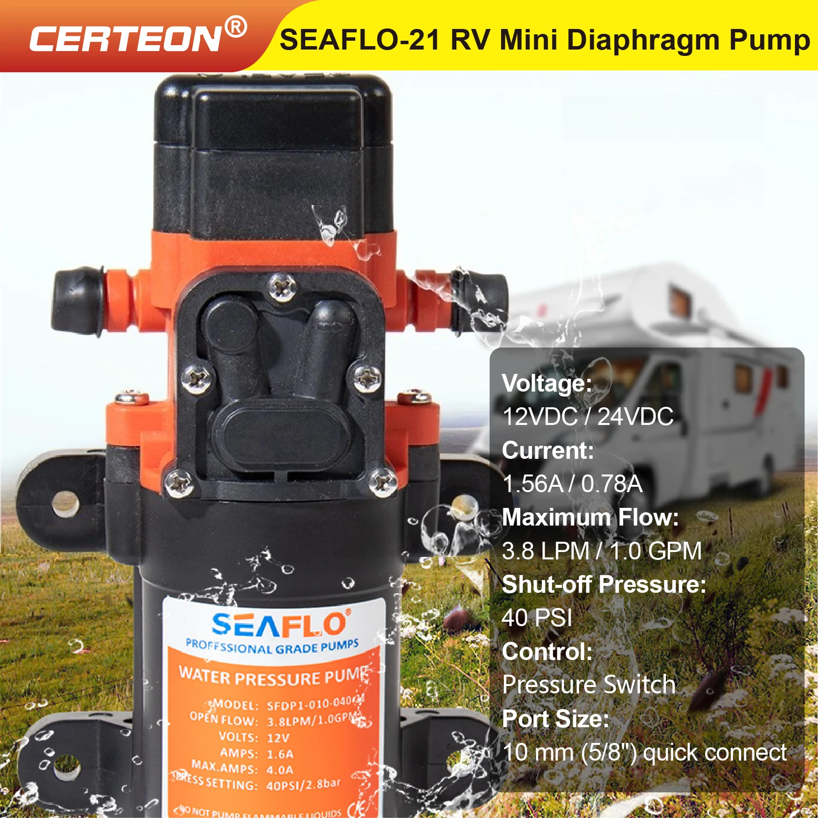 

Мини диафрагменный насос SEAFLO 12V/24V для воды автофургона лодки кемпинга автоматический давление компактный для пресной воды самовсасывающий