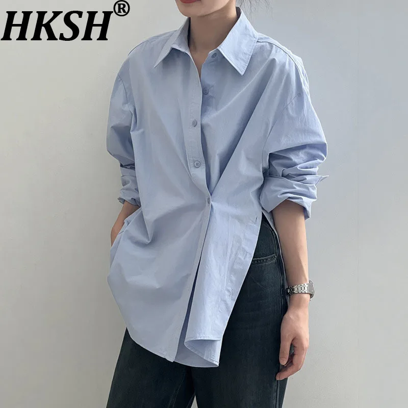 

HKSH Autumn New Women Shirt Turn-down Collar Single Breasted Irregular Side Split Asymmetrical Button Korean Casual Tops HK11415