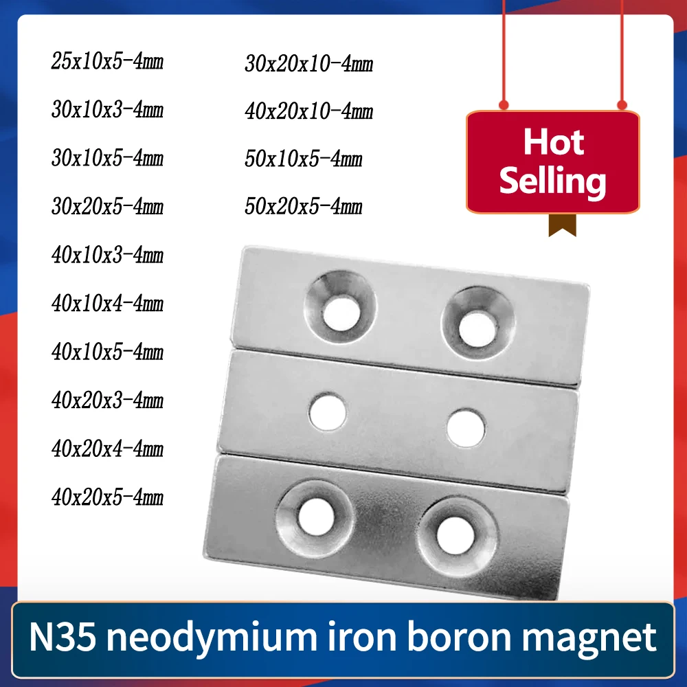 40x10x4 Strong Block Magnetic magnet 40x10x4 mm two Holes 4mm Neodymium Magnet sheet 40mm x 10mm Permanent NdFeB Magnet