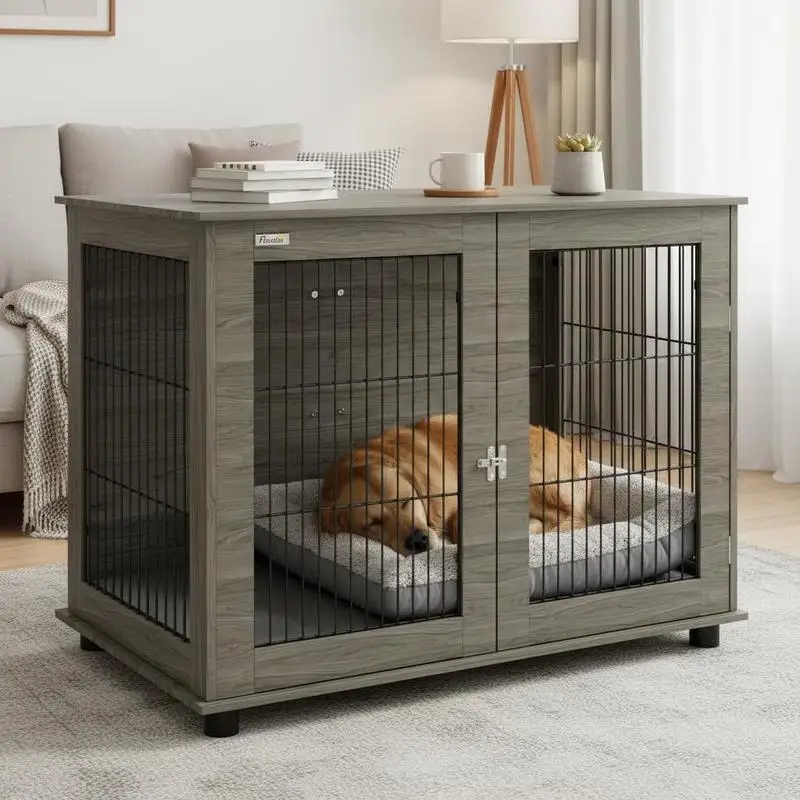 Cage pour chiens 2 et 1 table d'appoint avec coussin et peluche amovibles porte verrouillable 100 x 60 x 73,5 cm gris